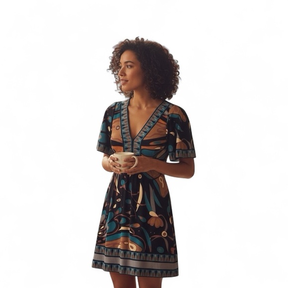 BCBGMAXAZRIA DRESS |XS Multi-Print Tie-Back Flutter Sleeve Dress - Picture 2 of 10